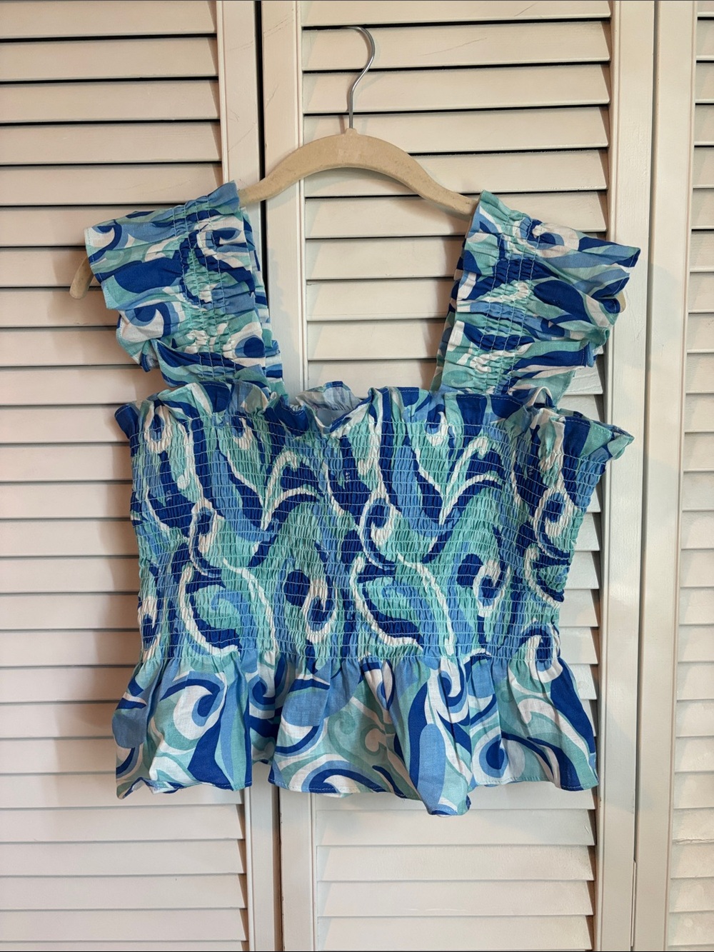 Hill House Medium The Paz Top Ocean Kaleidoscope Smocked Tank Blouse Blue White